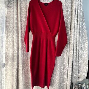 Express Ribbed V-Neck Surplice Midi Sweater Dress - Size Large